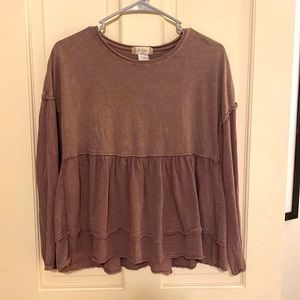 Altar’d State, size XS, long sleeve ruffle shirt in solid brown/plum color